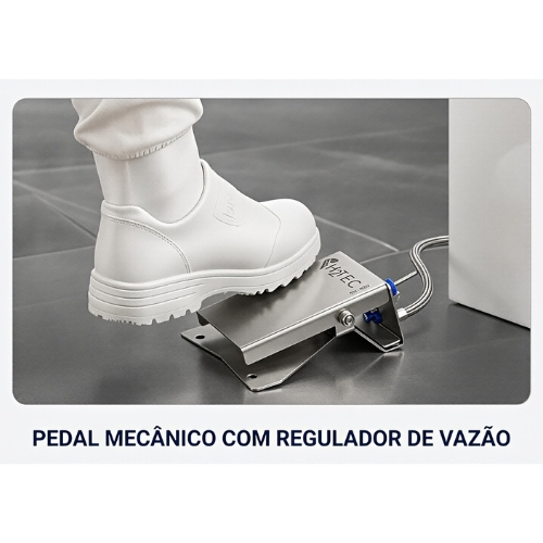 Esse pedal pode ser utilizado em qualquer ambiente, principalmente no ambiente fabril, na barreira sanitária, em bebedouros, em pias para fazer assepsia. É produzido todo em inox, não precisa de energia elétrica e é de fácil instalação.