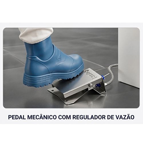 Esse pedal pode ser utilizado em qualquer ambiente, principalmente no ambiente fabril, na barreira sanitária, em bebedouros, em pias para fazer assepsia. É produzido todo em inox, não precisa de energia elétrica e é de fácil instalação.