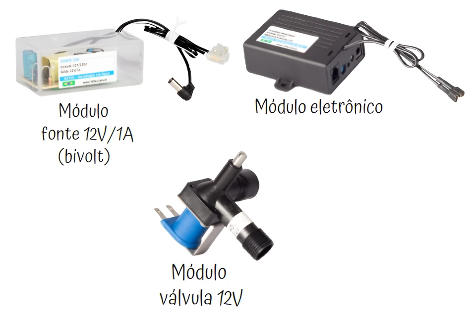 Fonte bivolt, módulo eletrônico e válvula 12 V do acionador para mictório
